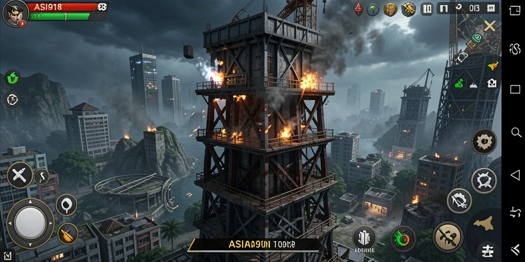 Tampilan screenshot ASIA918 yang menampilkan pertempuran Tower Defense yang intens.