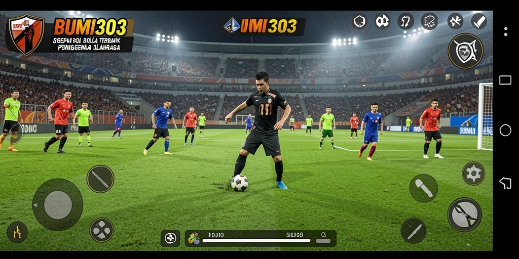 Tangkapan layar gameplay BUMI303 yang menampilkan aksi sepak bola mendebarkan.